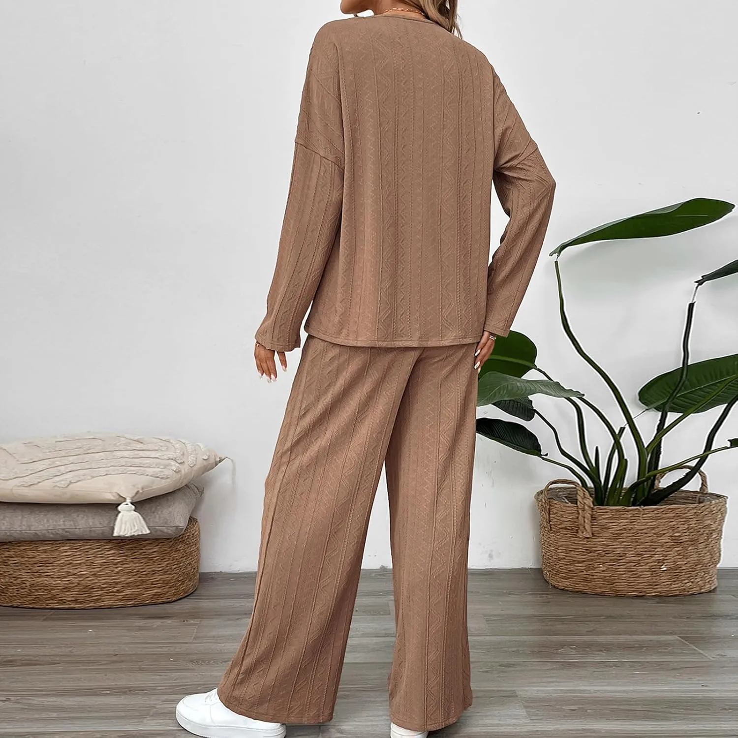 2 Piece Lounge Set for Women 2025 Trendy Elegant Knit Ribbed Long Sleeve Loungewear Streetwear Outfits