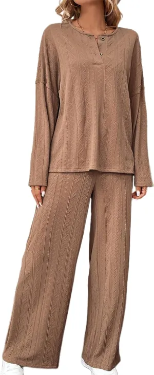 2 Piece Lounge Set for Women 2025 Trendy Elegant Knit Ribbed Long Sleeve Loungewear Streetwear Outfits