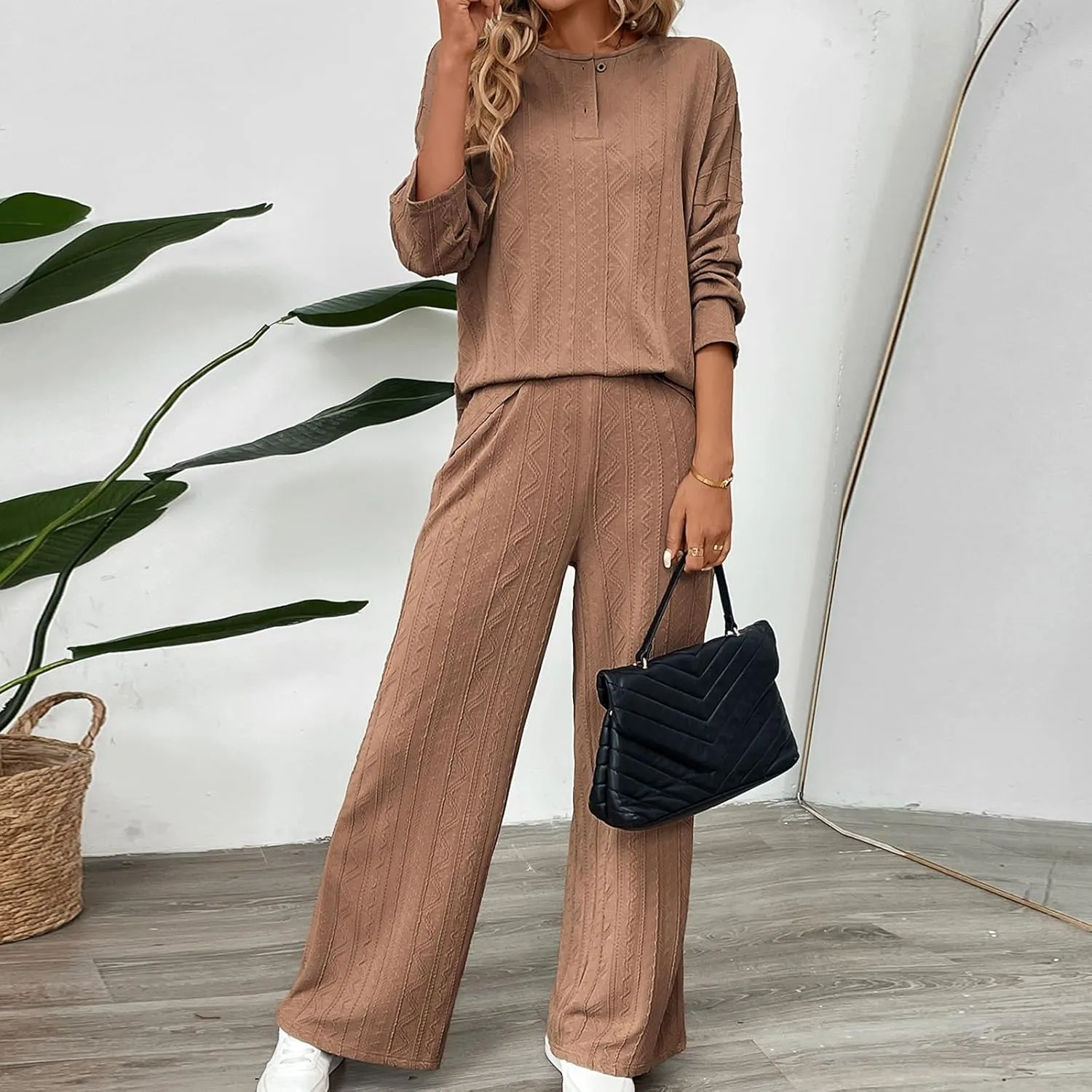 2 Piece Lounge Set for Women 2025 Trendy Elegant Knit Ribbed Long Sleeve Loungewear Streetwear Outfits