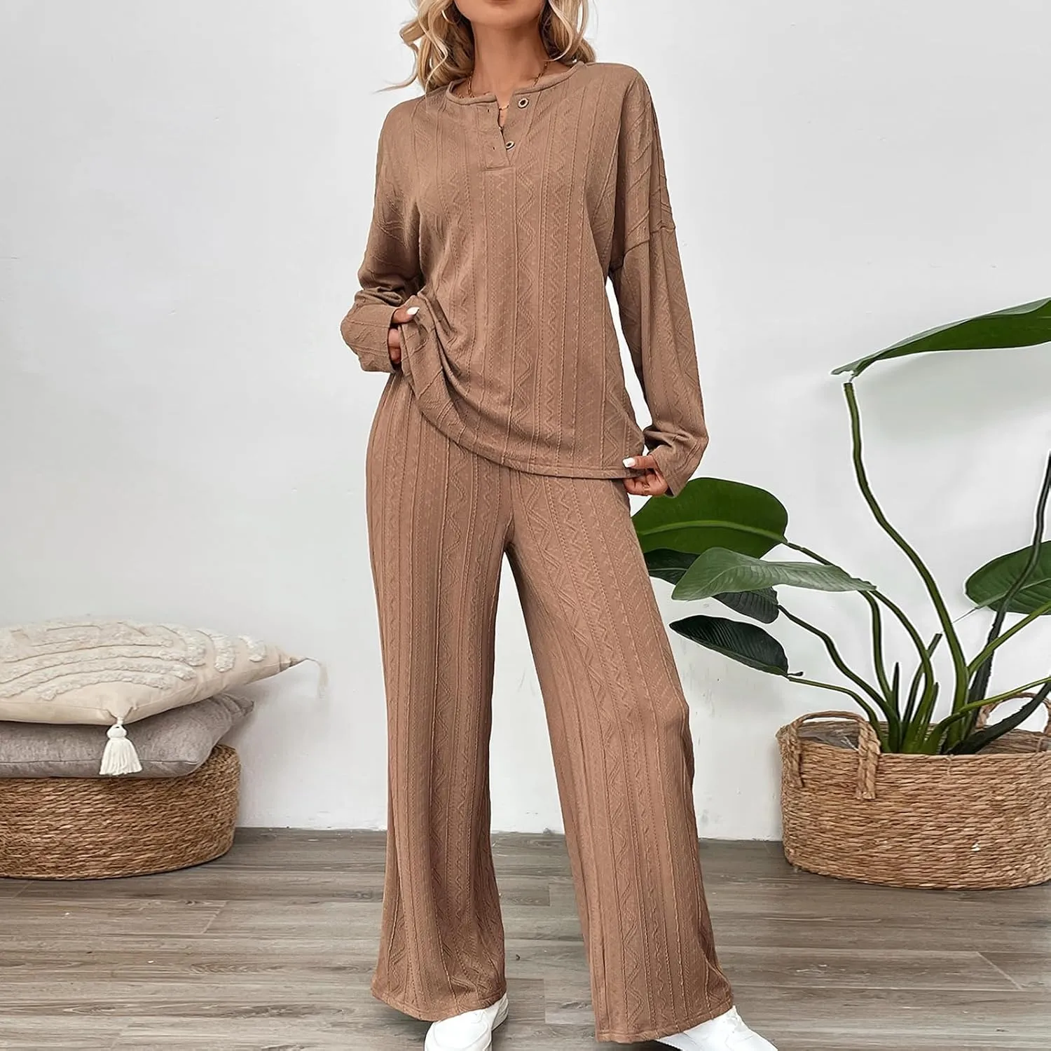 2 Piece Lounge Set for Women 2025 Trendy Elegant Knit Ribbed Long Sleeve Loungewear Streetwear Outfits