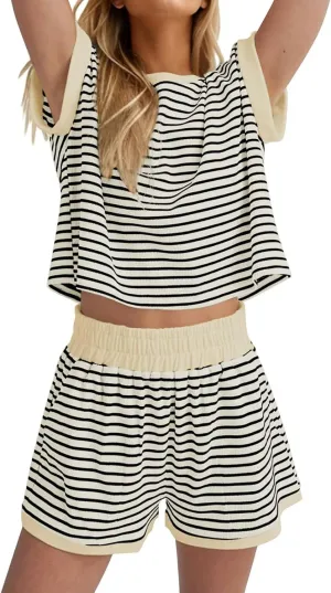 2 Piece Lounge Set for Women Striped Short Sleeve Tshirt Shorts Matching Set Summer Casual Pajama Loungewear Outfits