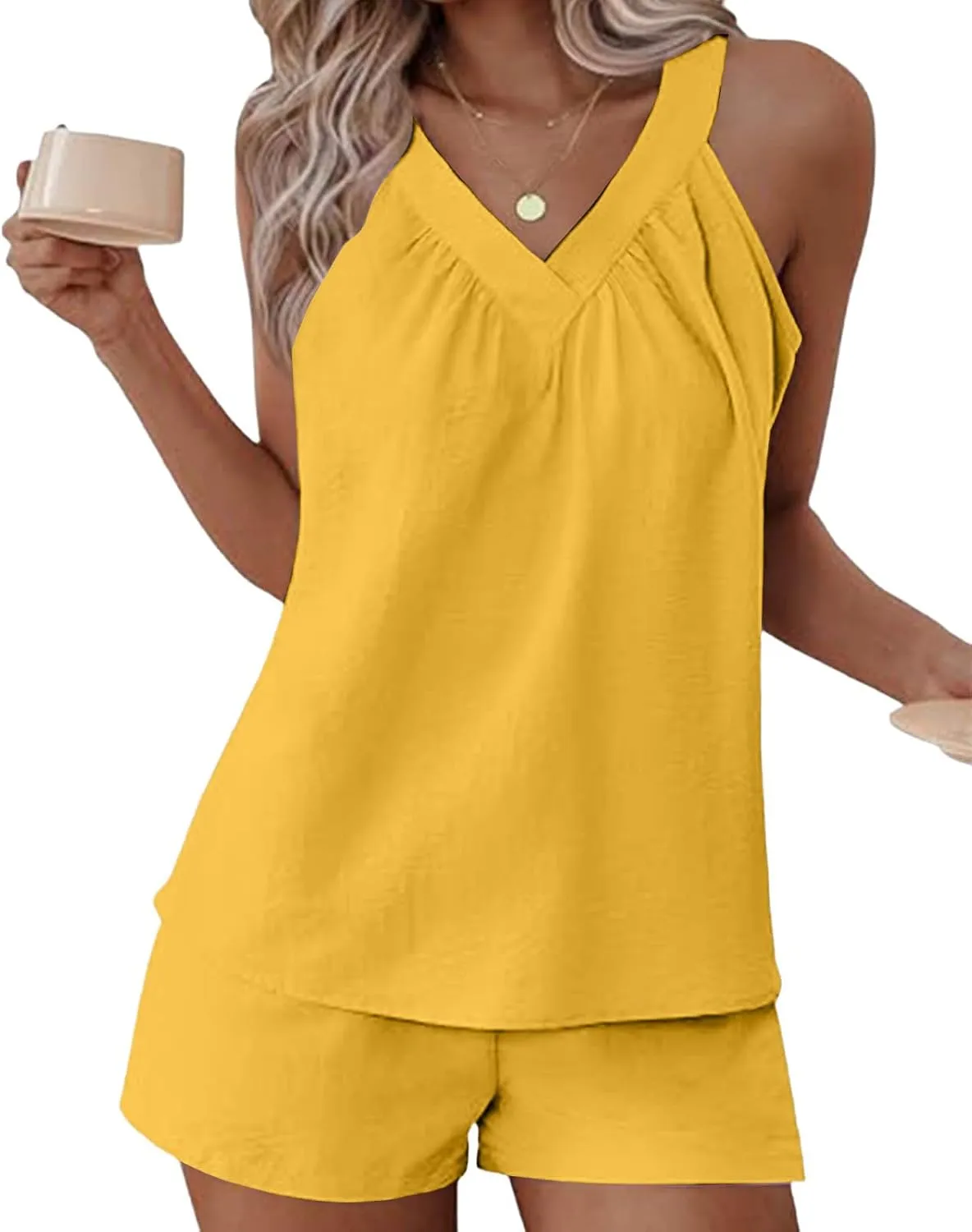 2 Piece Lounge Sets for Women Soft Comfy Pajama V Neck Cami Pj Shorts Set with Pocket Summer Camisole Cute Sleepwear
