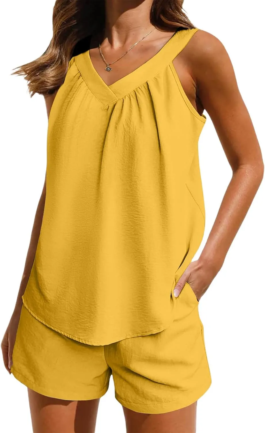 2 Piece Lounge Sets for Women Soft Comfy Pajama V Neck Cami Pj Shorts Set with Pocket Summer Camisole Cute Sleepwear