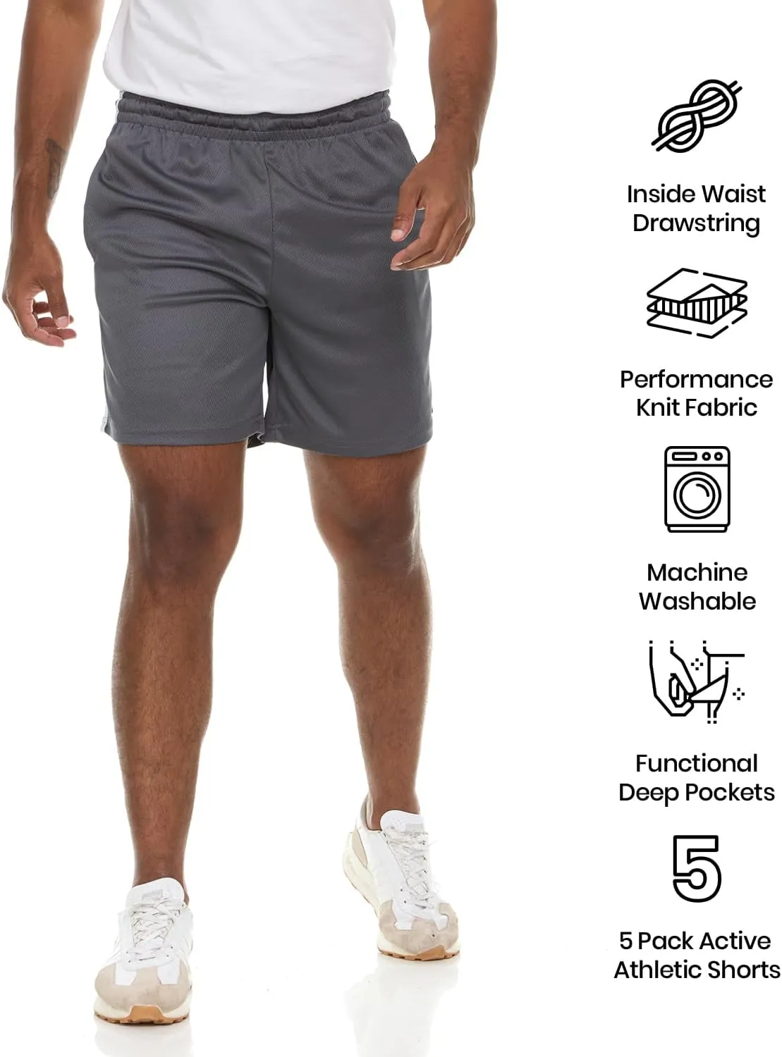 5 Pack: Men's Dry-Fit Sweat Resistant Active Athletic Performance Shorts