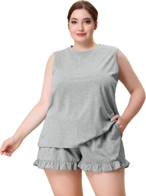 Agnes Orinda Women Plus Size Pajamas Set 2024 Ruffle Knit Sleeveless Tank Top 2 Piece PJ Sets Loungewear