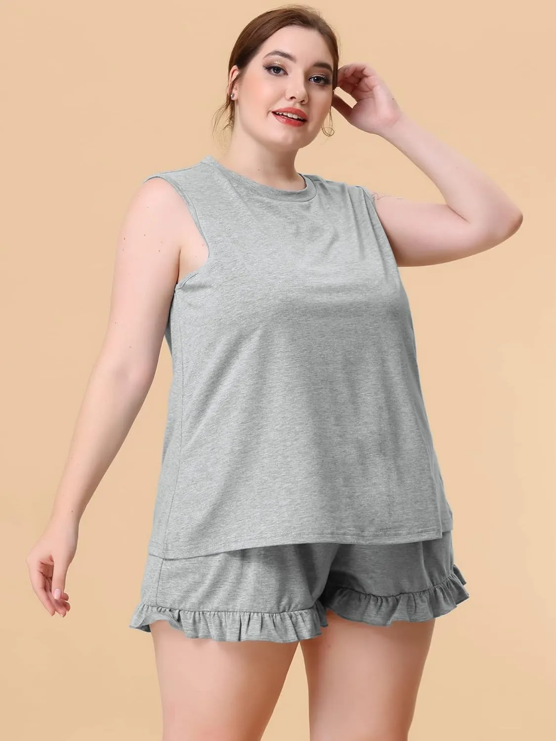 Agnes Orinda Women Plus Size Pajamas Set 2024 Ruffle Knit Sleeveless Tank Top 2 Piece PJ Sets Loungewear