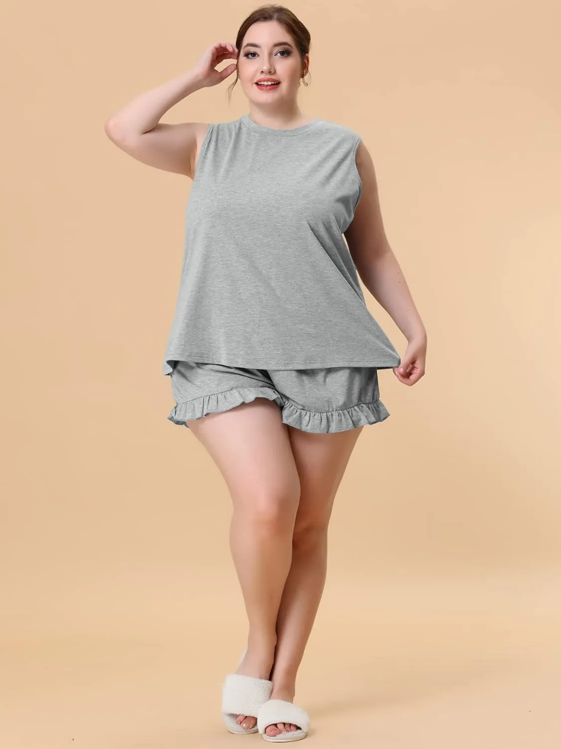 Agnes Orinda Women Plus Size Pajamas Set 2024 Ruffle Knit Sleeveless Tank Top 2 Piece PJ Sets Loungewear