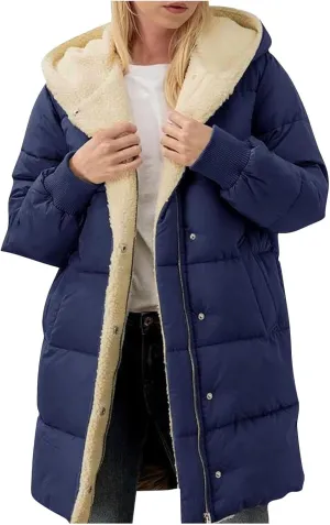 Akklian Womens Winter Warm Coats Thick Sherpa Fleece Lined Long Hooded Puffer Jacket Fashion Chunky Padded Down Coat Outwear