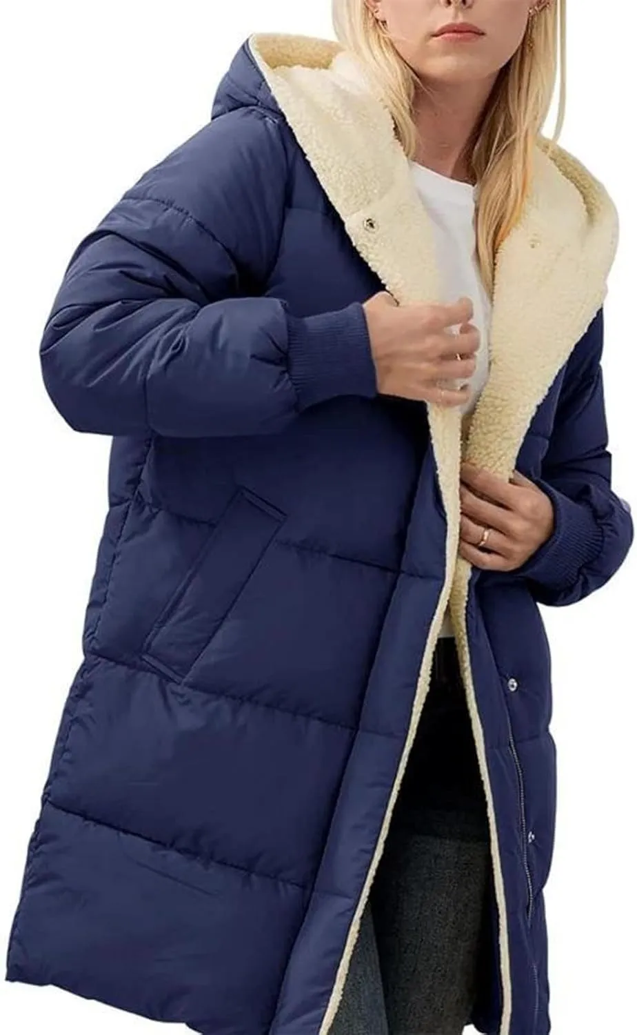 Akklian Womens Winter Warm Coats Thick Sherpa Fleece Lined Long Hooded Puffer Jacket Fashion Chunky Padded Down Coat Outwear