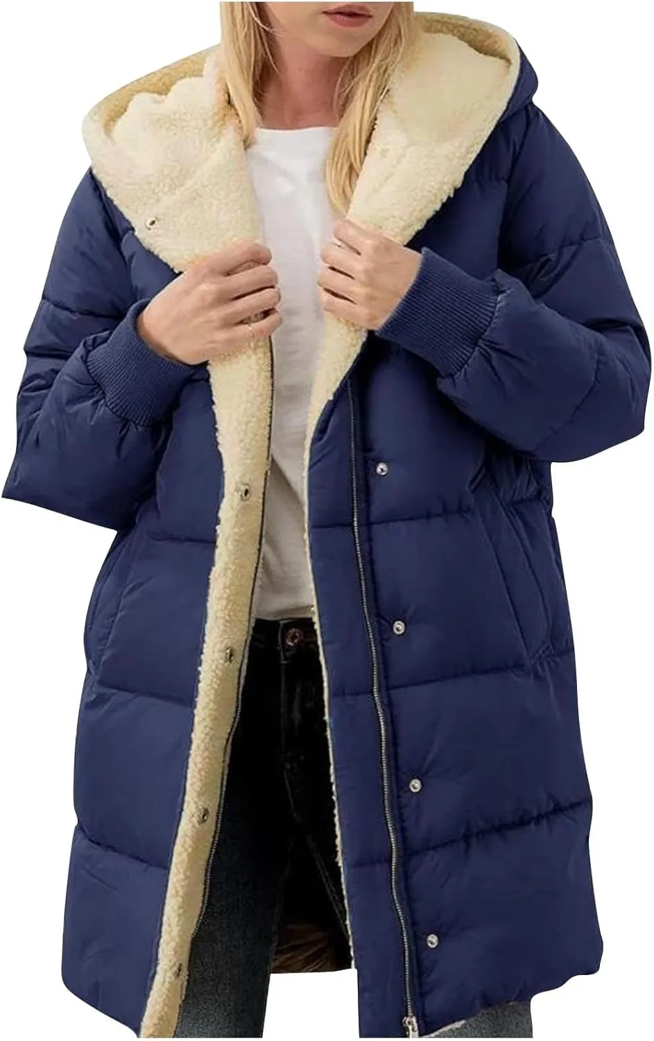 Akklian Womens Winter Warm Coats Thick Sherpa Fleece Lined Long Hooded Puffer Jacket Fashion Chunky Padded Down Coat Outwear