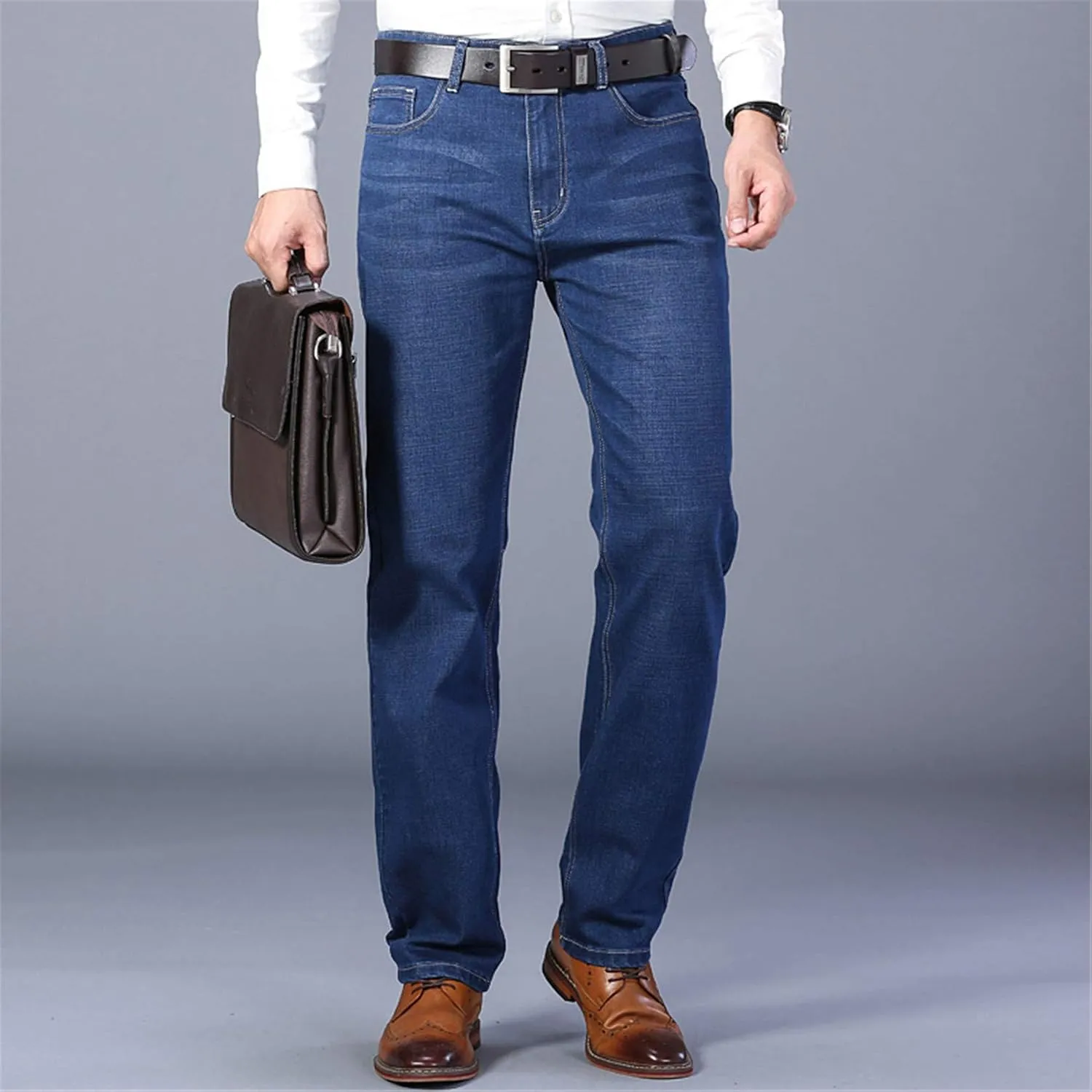 Andongnywell Men's Straight Stretch Motion Denim Pants Thick Stretch high Waist Straight Leg Jeans Trousers
