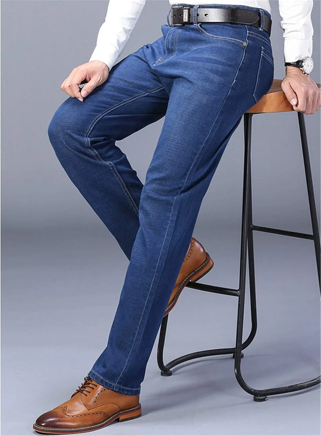 Andongnywell Men's Straight Stretch Motion Denim Pants Thick Stretch high Waist Straight Leg Jeans Trousers