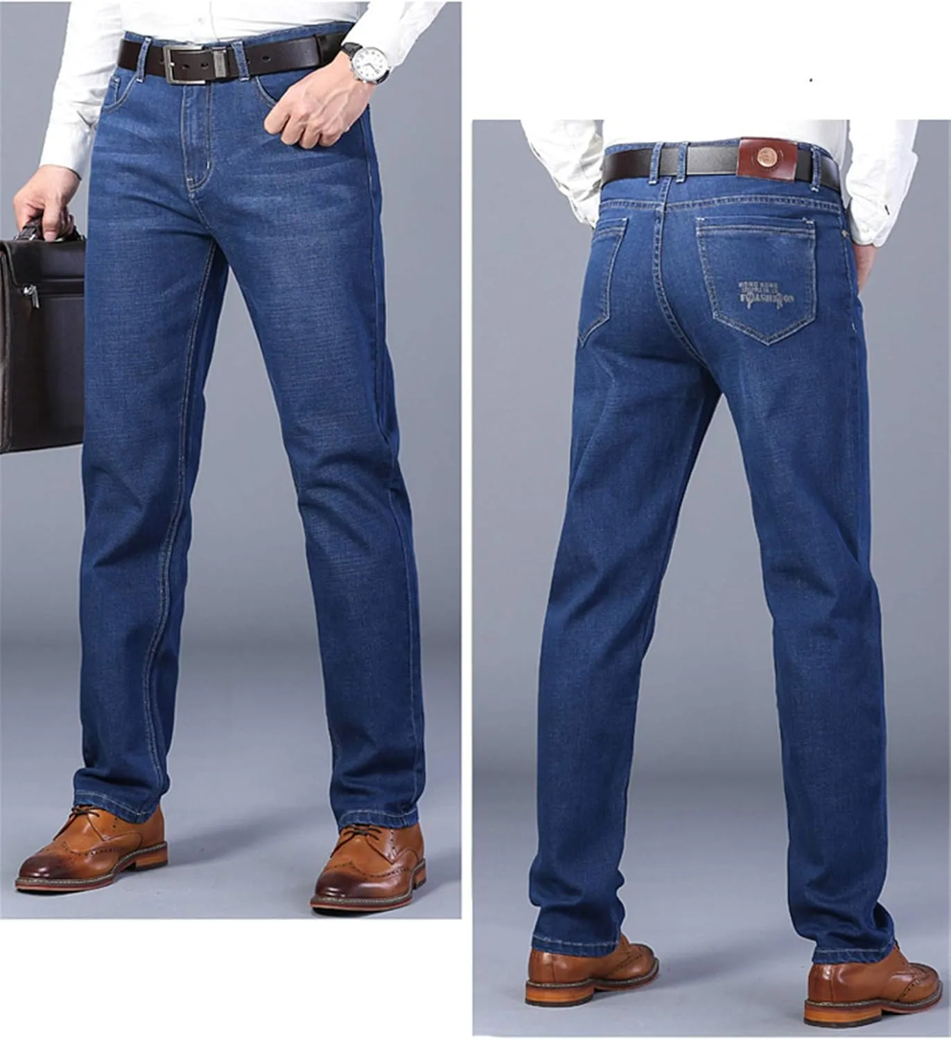 Andongnywell Men's Straight Stretch Motion Denim Pants Thick Stretch high Waist Straight Leg Jeans Trousers
