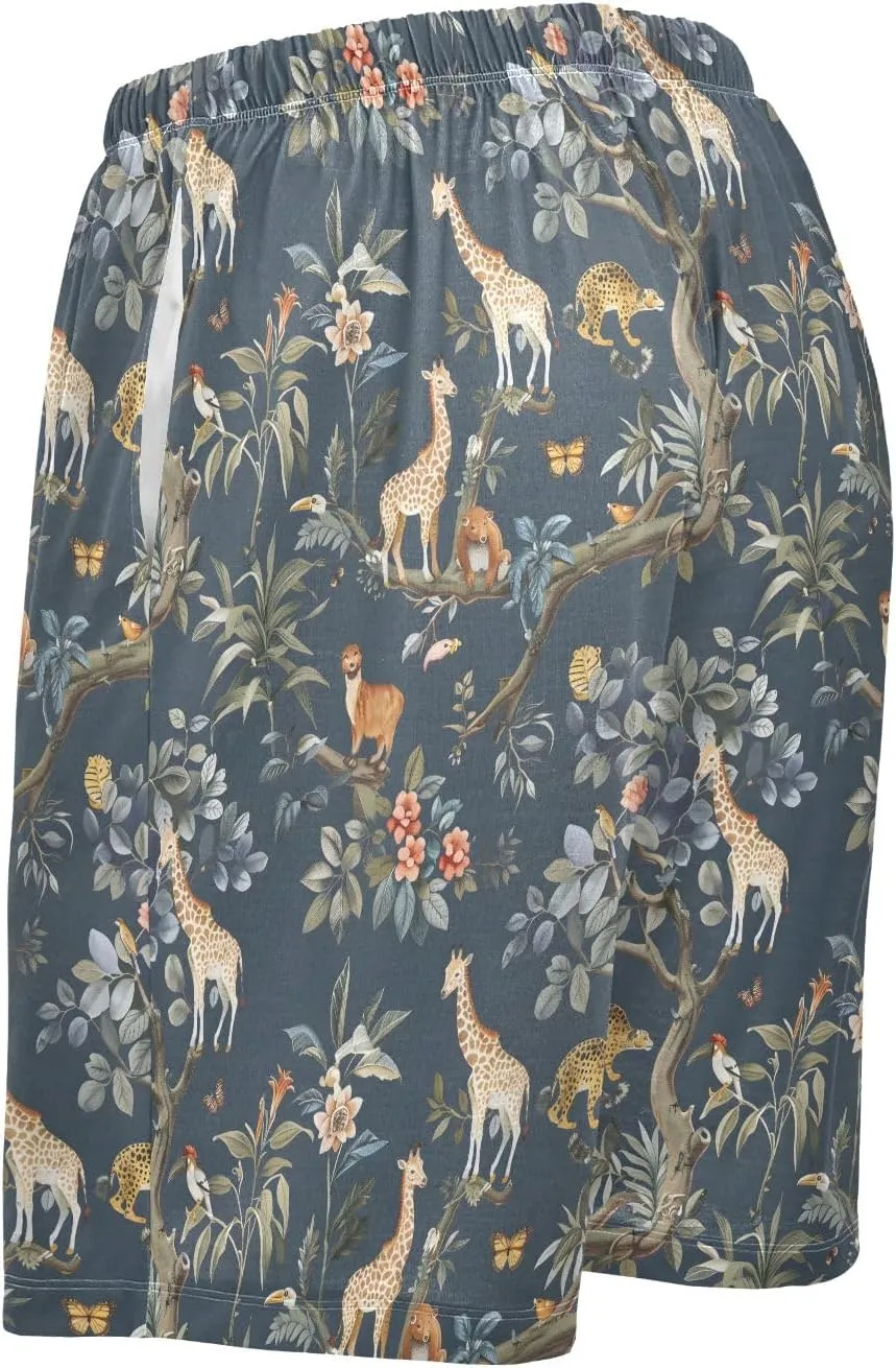 Animals on Giraffe Mens Pajama Shorts Soft Pants Lounge Sleepwear Bottoms with Drawstring & Pockets