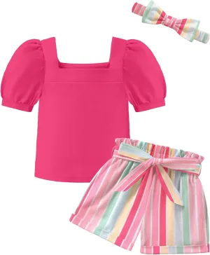 Arshiner Toddler Girl Clothes Square Neck Puff Sleeve Tops   Paper Bag Shorts   Headband 3pcs Summer Little Girl Outfits 2-8Y