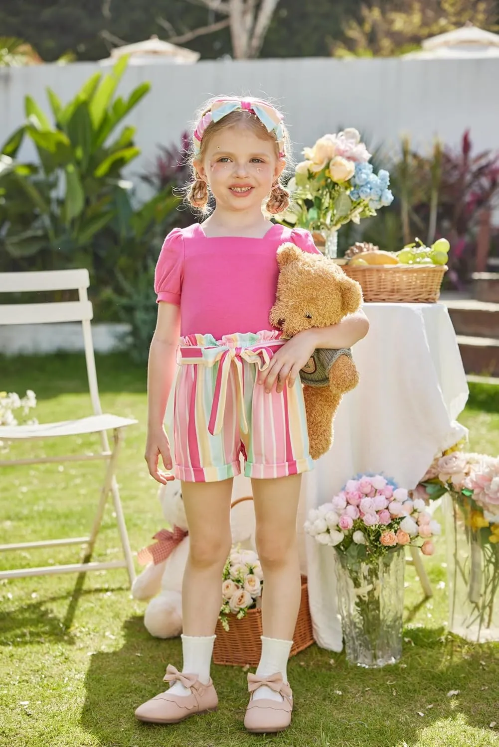 Arshiner Toddler Girl Clothes Square Neck Puff Sleeve Tops   Paper Bag Shorts   Headband 3pcs Summer Little Girl Outfits 2-8Y