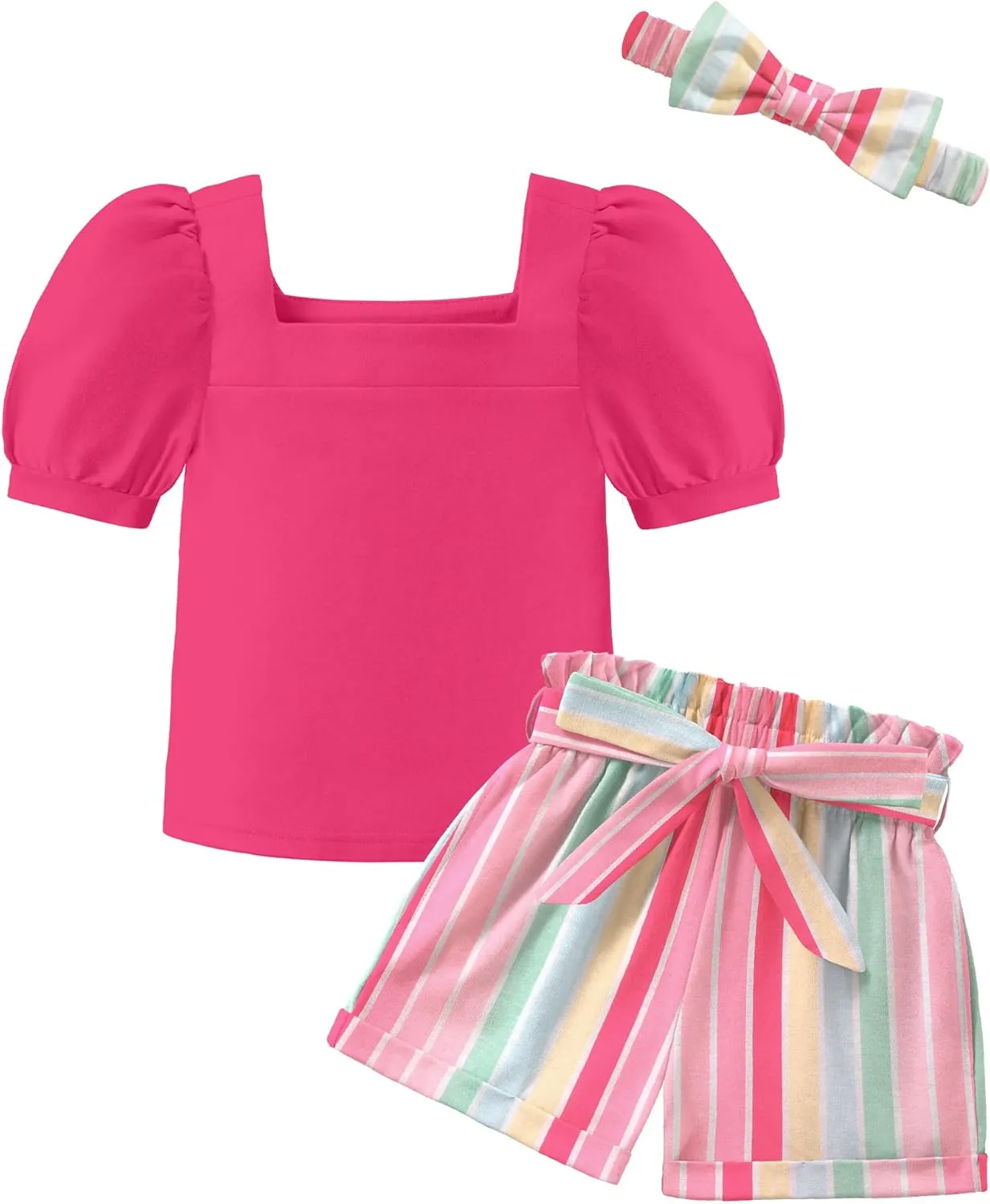 Arshiner Toddler Girl Clothes Square Neck Puff Sleeve Tops   Paper Bag Shorts   Headband 3pcs Summer Little Girl Outfits 2-8Y