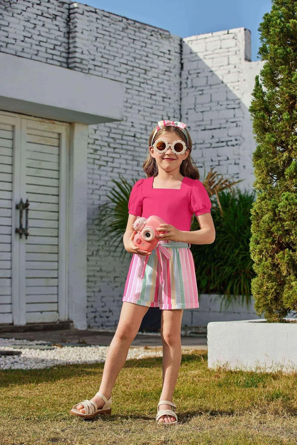 Arshiner Toddler Girl Clothes Square Neck Puff Sleeve Tops   Paper Bag Shorts   Headband 3pcs Summer Little Girl Outfits 2-8Y