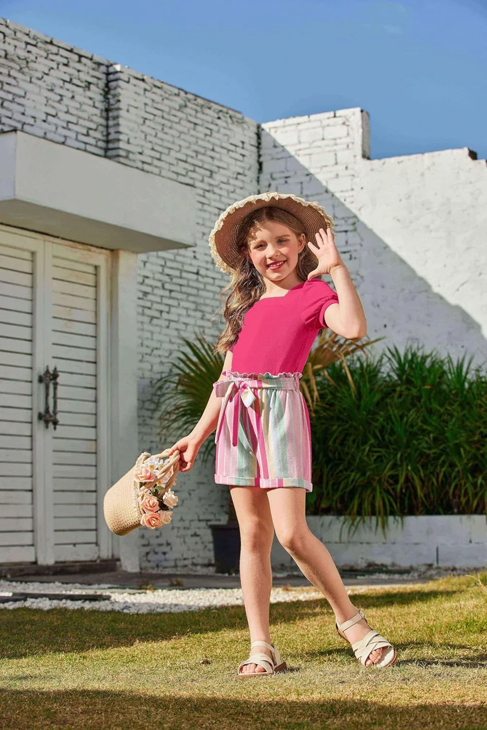 Arshiner Toddler Girl Clothes Square Neck Puff Sleeve Tops   Paper Bag Shorts   Headband 3pcs Summer Little Girl Outfits 2-8Y