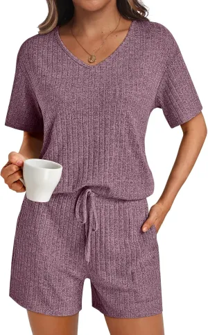 AUTOMET Womens Pajamas 2 Piece Lounge Sets Summer Tracksuits Ribbed Spring Outfits Matching Vacation Clothes Loungewear