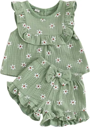 BemeyourBBs Summer Toddler Girl Clothes Baby Girl Ruffle Sleeveless Shirt with Buttons Bow Bloomers Shorts Set Cute Outfits