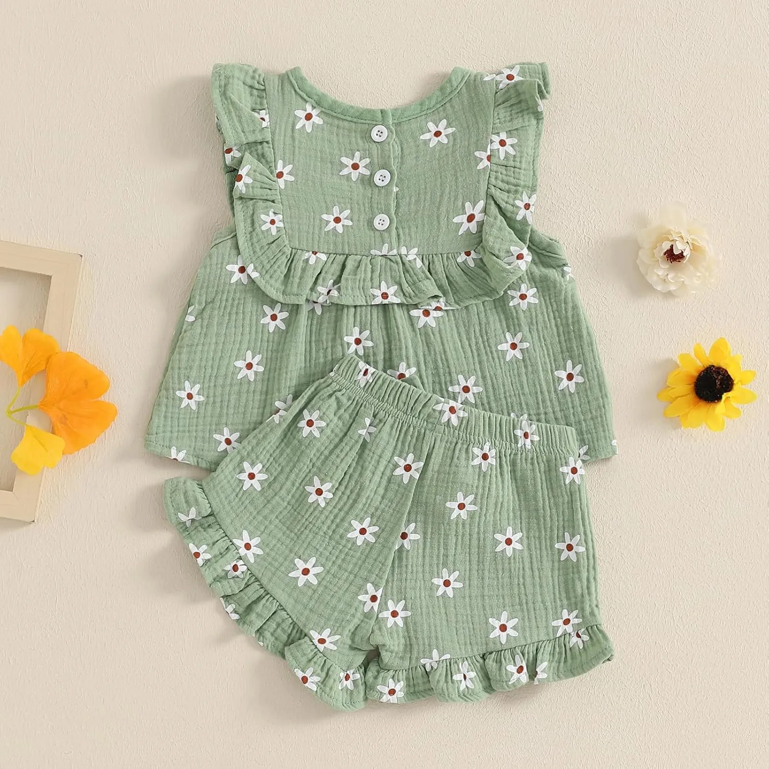 BemeyourBBs Summer Toddler Girl Clothes Baby Girl Ruffle Sleeveless Shirt with Buttons Bow Bloomers Shorts Set Cute Outfits