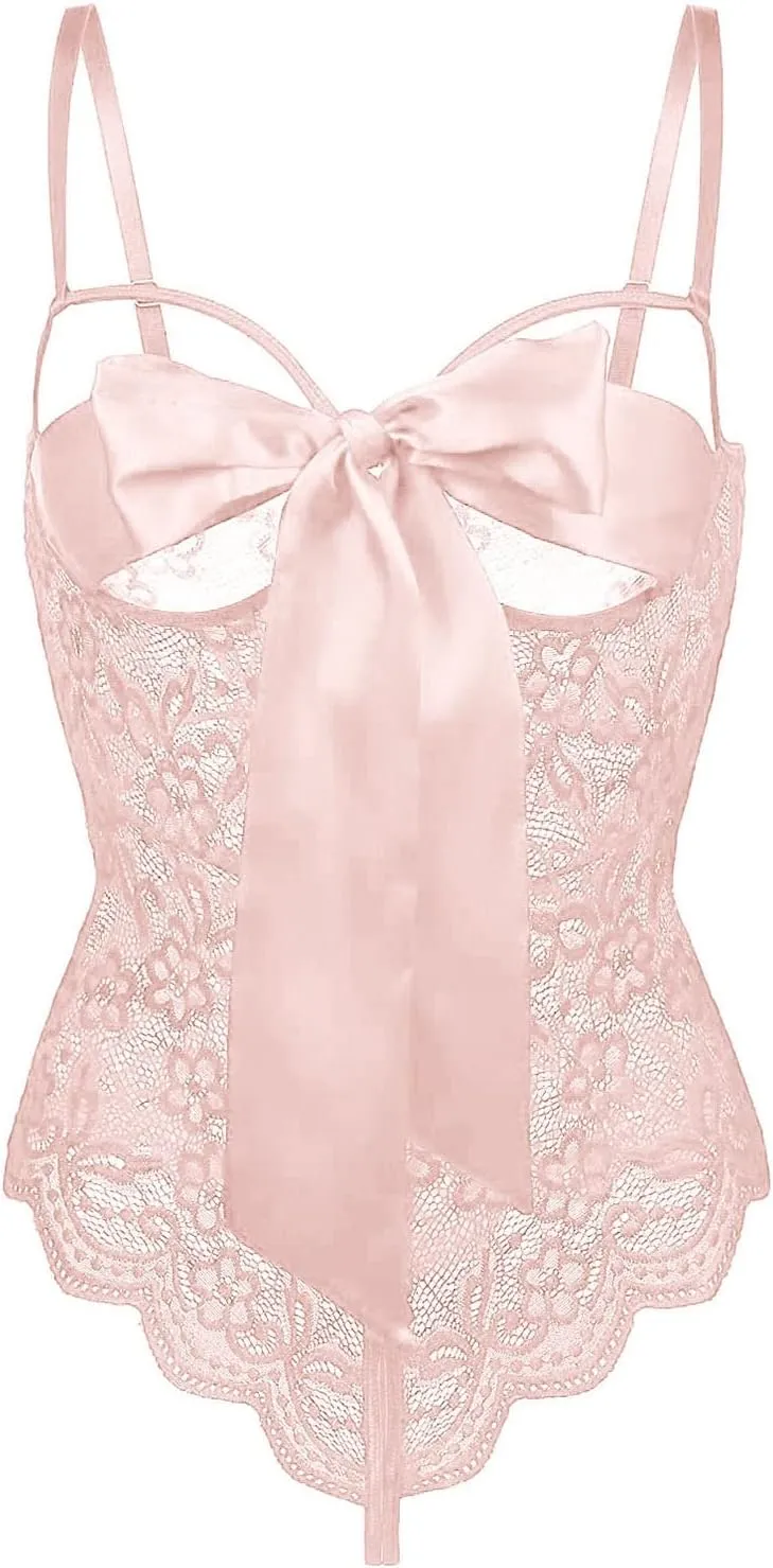 Bodysuit for Women Lace Chemise Babydoll Slim Straps Sleepwear Nightwear Stockings Sexy G-String Negligees
