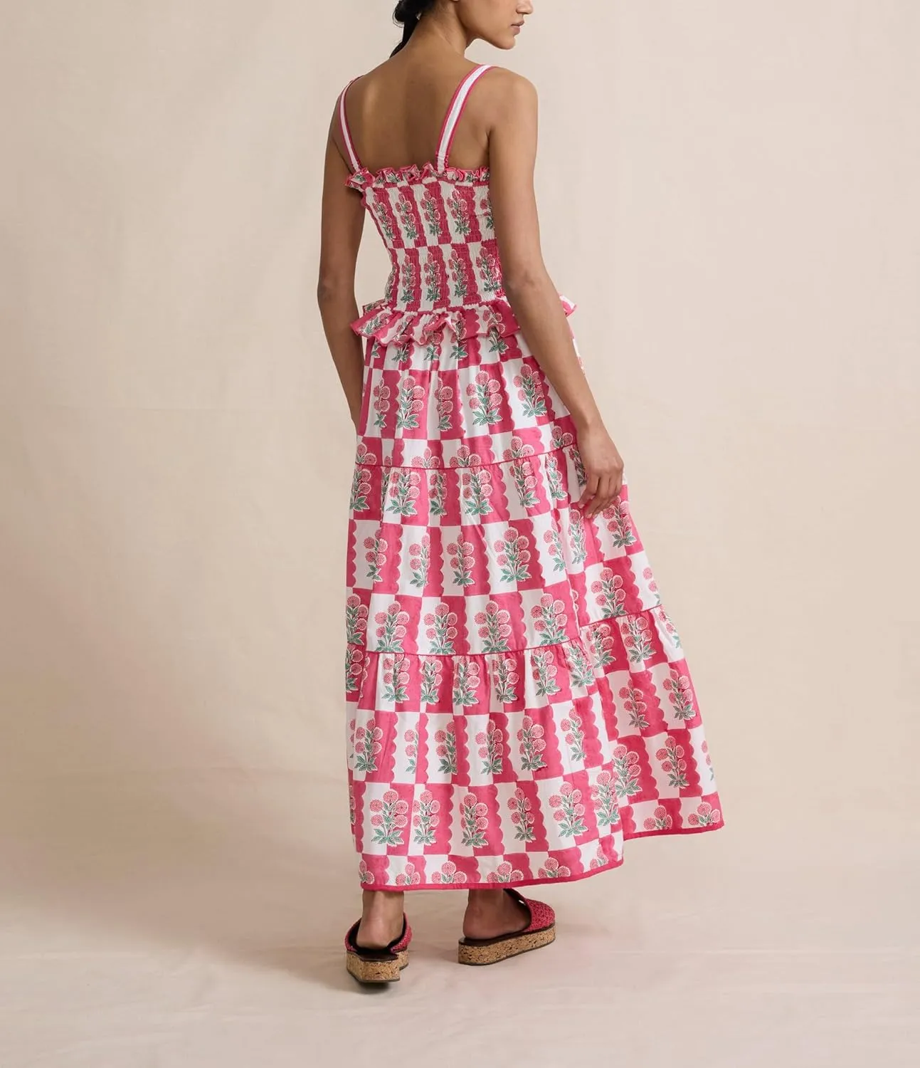 Bohemian Smocked Maxi Dresses for Women Summer Spaghetti Strap Floral Print Sundress Ruffle Color Block Tiered Dress