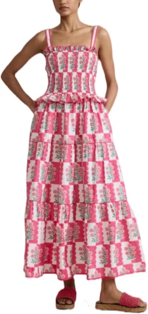 Bohemian Smocked Maxi Dresses for Women Summer Spaghetti Strap Floral Print Sundress Ruffle Color Block Tiered Dress