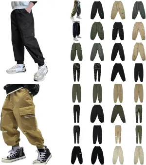 Boys Cargo Joggers Pants Kids' Stretch Casual Cargo Pants Elastic Waist Casual Jogging Trousers Bottom for Kids 3-16 Years