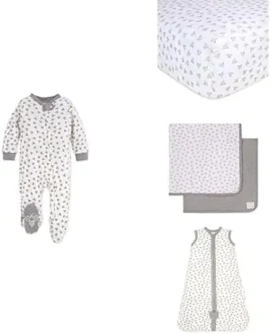 Burt's Bees Baby Bundle, Honey Bee Organic Cotton Boys Sleeper Pajama for 9 Months   Fitted Crib Sheet Standard Size   Receiving Blankets 2 Pack   A-Bee-C Beekeeper Soft Wearable Blanket Size Medium