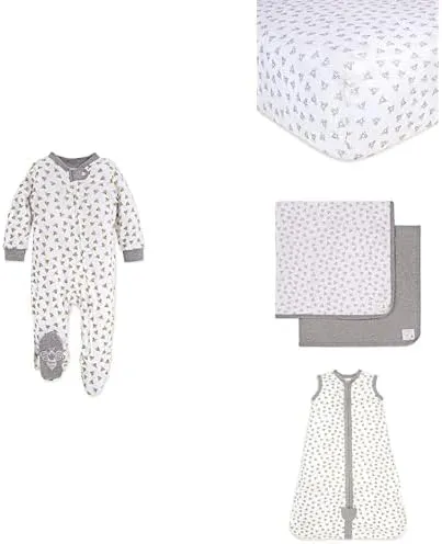 Burt's Bees Baby Bundle, Honey Bee Organic Cotton Boys Sleeper Pajama for 9 Months   Fitted Crib Sheet Standard Size   Receiving Blankets 2 Pack   A-Bee-C Beekeeper Soft Wearable Blanket Size Medium