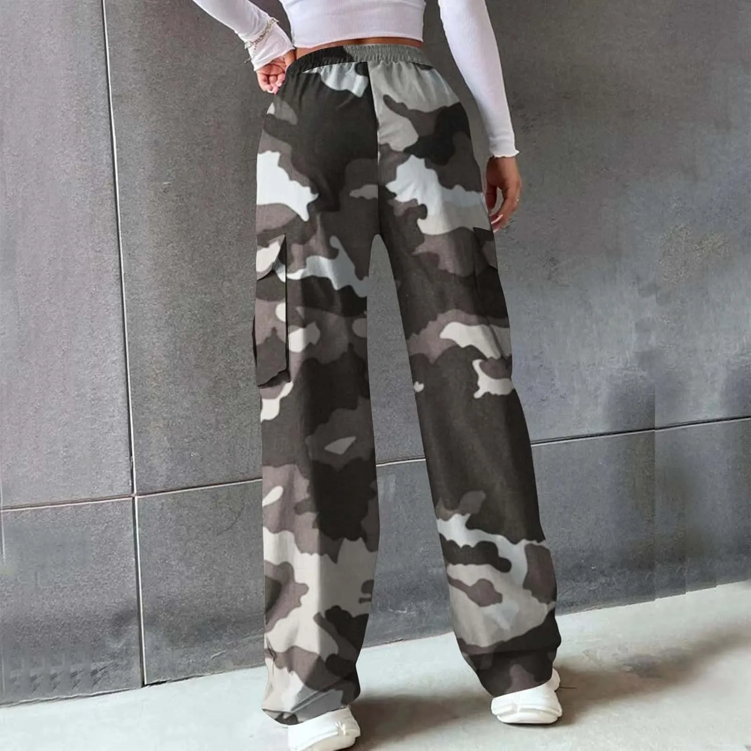Camo Cargo Pants for Women Casual Drawstring High Waist Parachute Pants Baggy Wide Leg Hiking Pants with Pockets