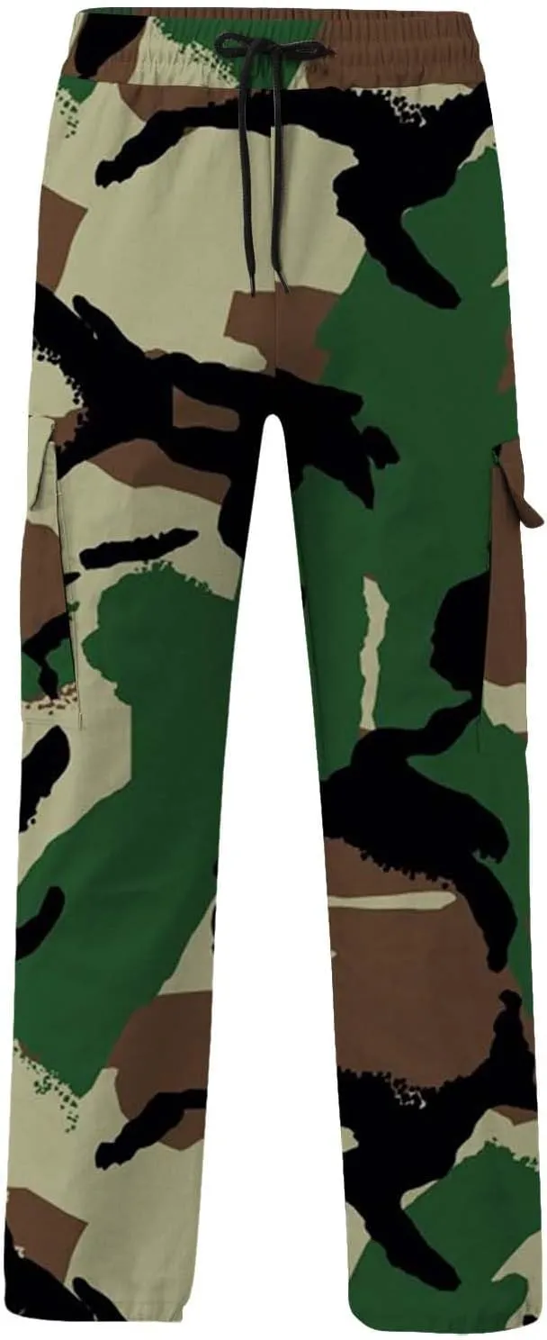Camo Cargo Pants for Women Casual Drawstring High Waist Parachute Pants Baggy Wide Leg Hiking Pants with Pockets