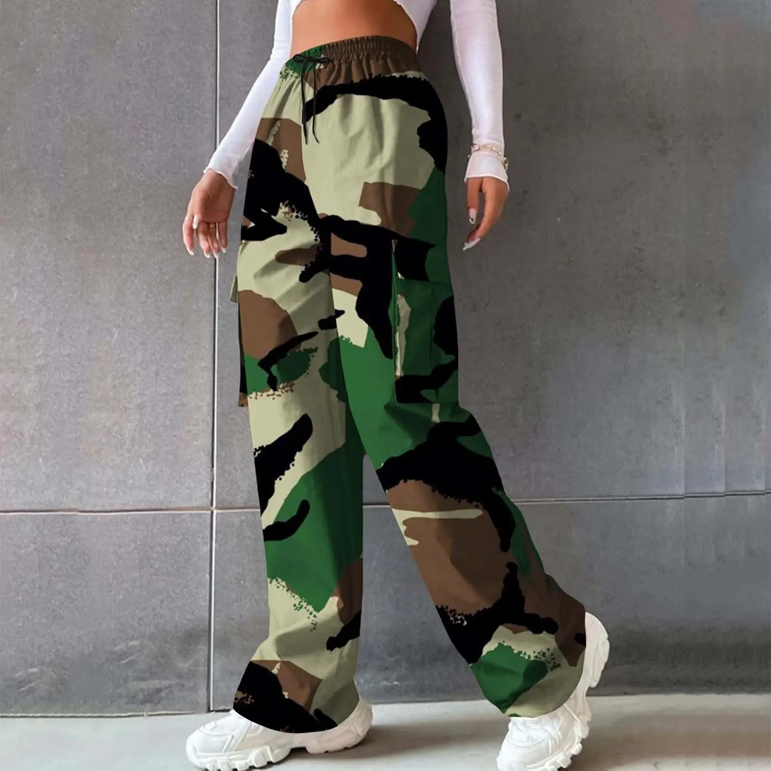 Camo Cargo Pants for Women Casual Drawstring High Waist Parachute Pants Baggy Wide Leg Hiking Pants with Pockets