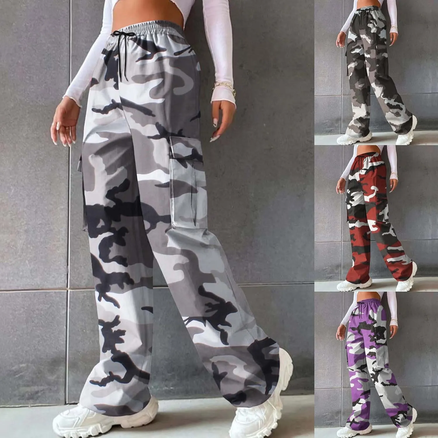Camo Cargo Pants for Women Casual Drawstring High Waist Parachute Pants Baggy Wide Leg Hiking Pants with Pockets
