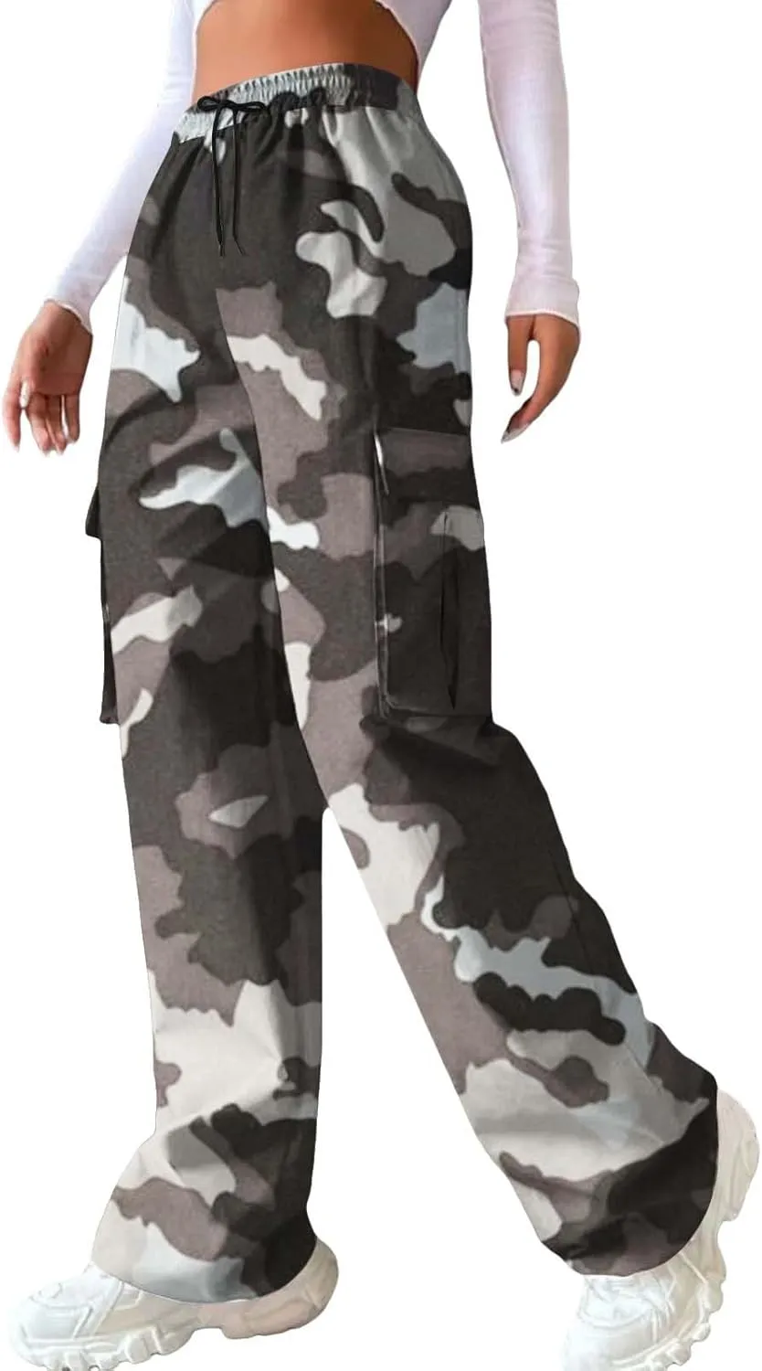 Camo Cargo Pants for Women Casual Drawstring High Waist Parachute Pants Baggy Wide Leg Hiking Pants with Pockets