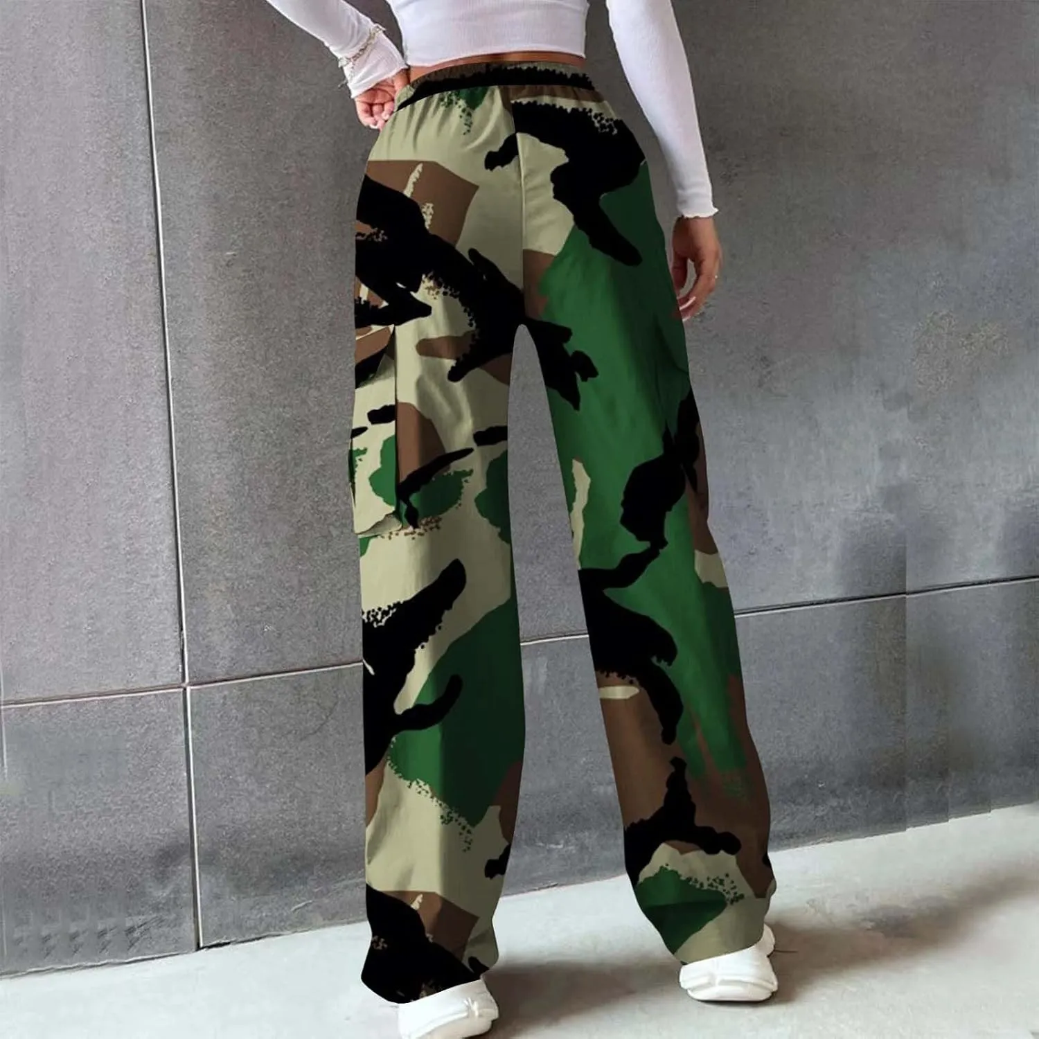 Camo Cargo Pants for Women Casual Drawstring High Waist Parachute Pants Baggy Wide Leg Hiking Pants with Pockets