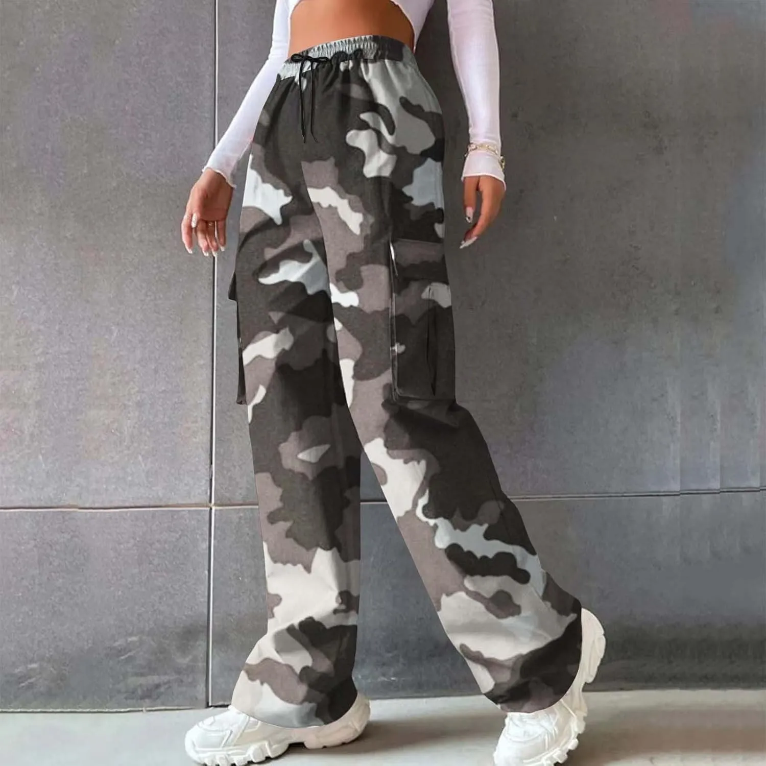 Camo Cargo Pants for Women Casual Drawstring High Waist Parachute Pants Baggy Wide Leg Hiking Pants with Pockets