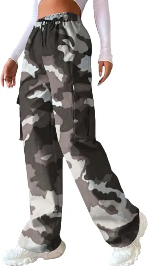 Camo Cargo Pants for Women Casual Drawstring High Waist Parachute Pants Baggy Wide Leg Hiking Pants with Pockets