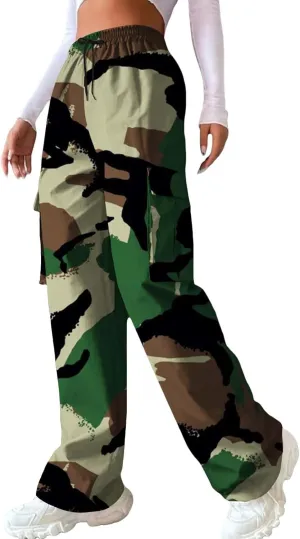 Camo Cargo Pants for Women Casual Drawstring High Waist Parachute Pants Baggy Wide Leg Hiking Pants with Pockets