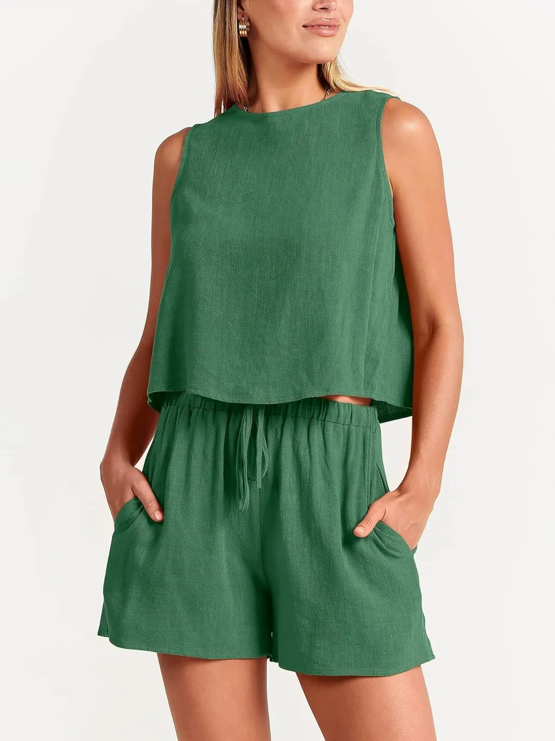 Canbebig 2 Piece Outfits for Women Summer Sleeveless Crop Tank Top High Waist Shorts Suit Loose Casual Short Set with Pockets