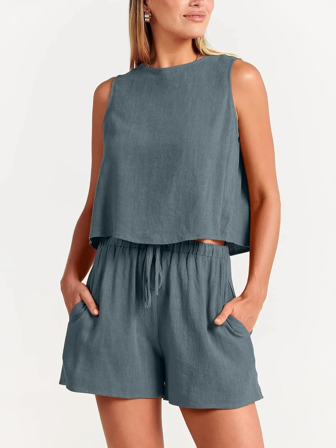 Canbebig 2 Piece Outfits for Women Summer Sleeveless Crop Tank Top High Waist Shorts Suit Loose Casual Short Set with Pockets