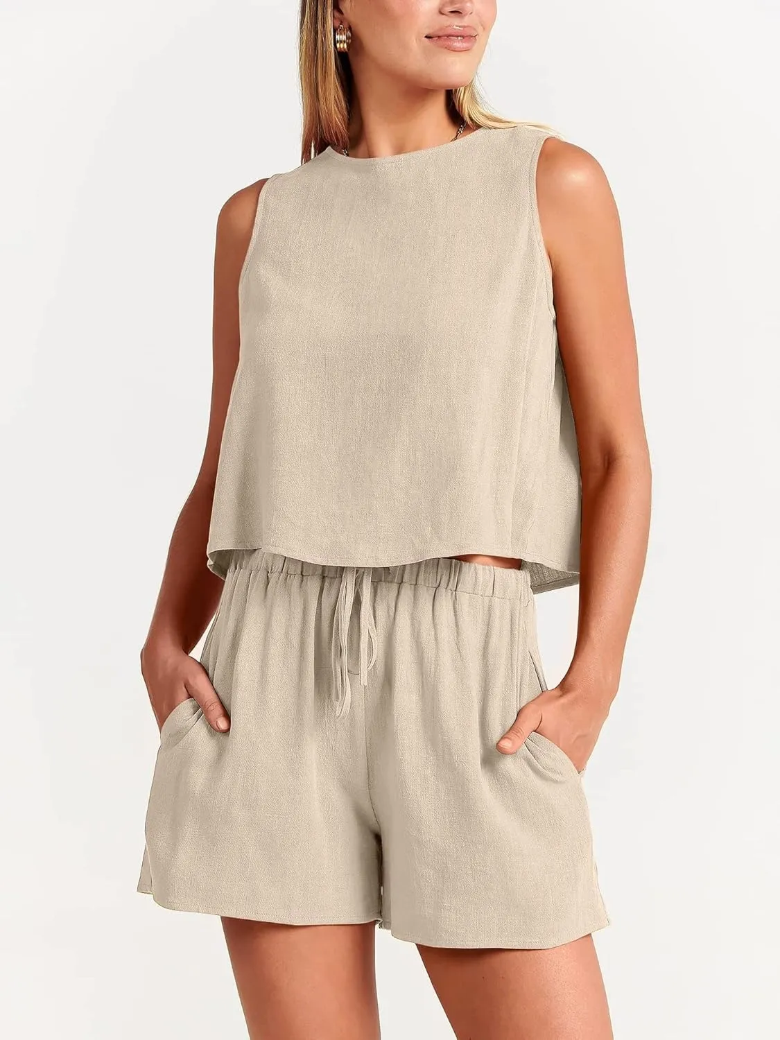 Canbebig 2 Piece Outfits for Women Summer Sleeveless Crop Tank Top High Waist Shorts Suit Loose Casual Short Set with Pockets
