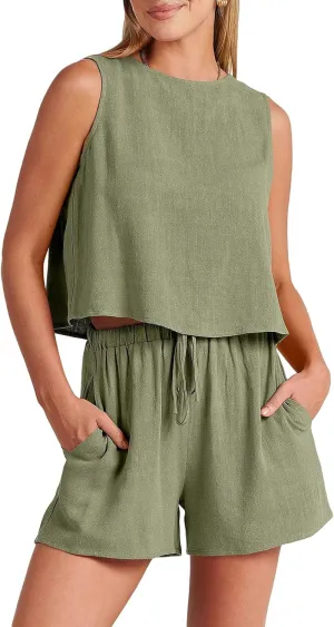 Canbebig 2 Piece Outfits for Women Summer Sleeveless Crop Tank Top High Waist Shorts Suit Loose Casual Short Set with Pockets