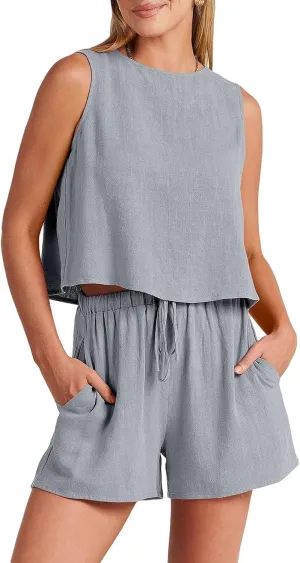 Canbebig 2 Piece Outfits for Women Summer Sleeveless Crop Tank Top High Waist Shorts Suit Loose Casual Short Set with Pockets
