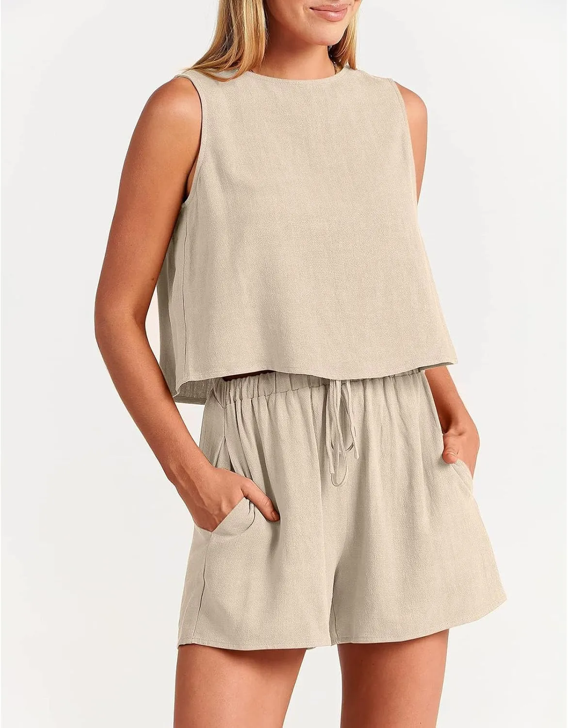 Canbebig 2 Piece Outfits for Women Summer Sleeveless Crop Tank Top High Waist Shorts Suit Loose Casual Short Set with Pockets