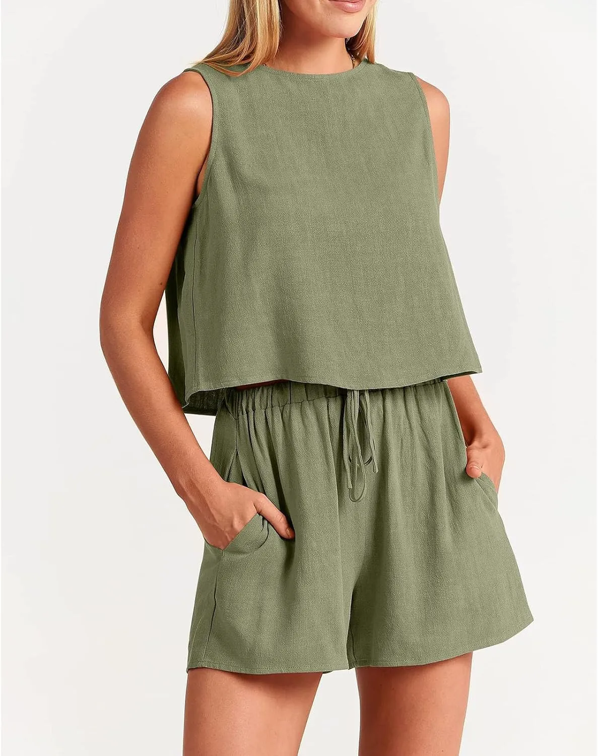 Canbebig 2 Piece Outfits for Women Summer Sleeveless Crop Tank Top High Waist Shorts Suit Loose Casual Short Set with Pockets