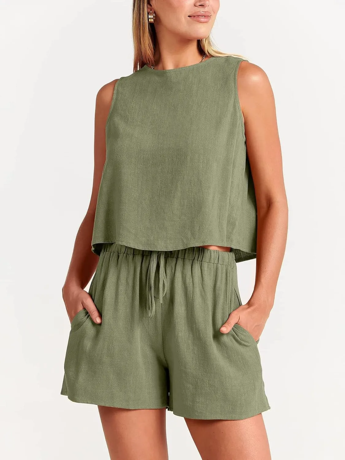 Canbebig 2 Piece Outfits for Women Summer Sleeveless Crop Tank Top High Waist Shorts Suit Loose Casual Short Set with Pockets