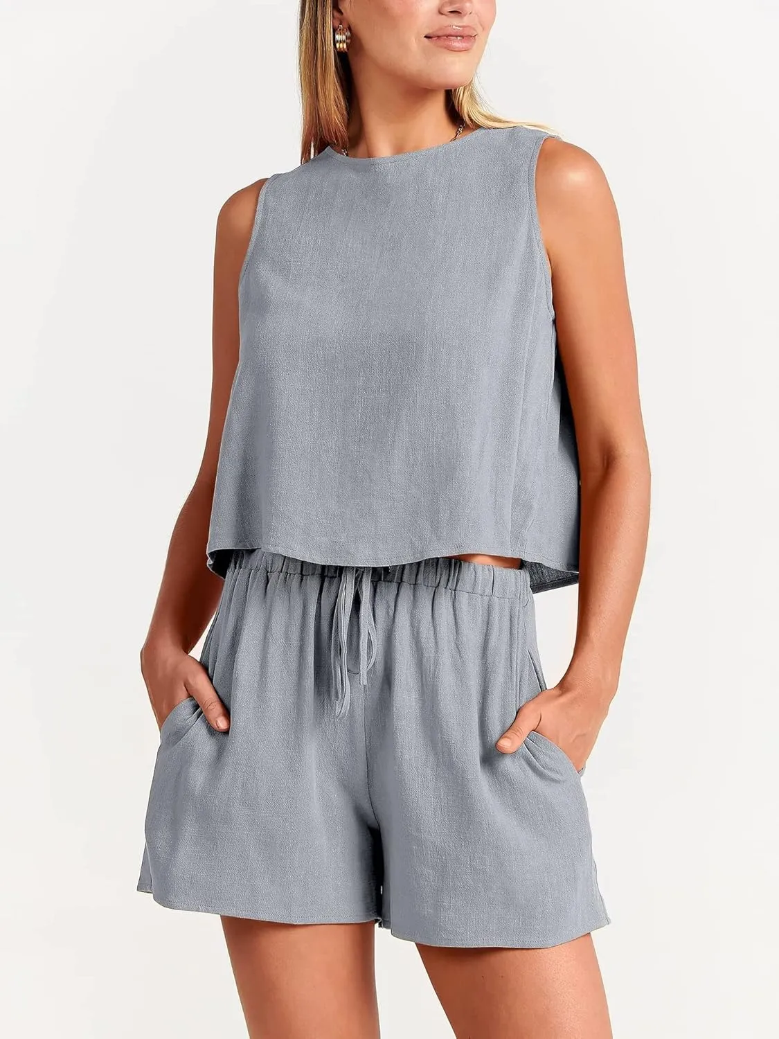 Canbebig 2 Piece Outfits for Women Summer Sleeveless Crop Tank Top High Waist Shorts Suit Loose Casual Short Set with Pockets